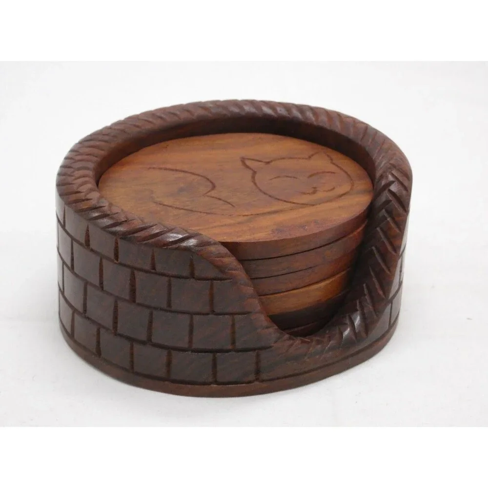 Wood Coasters Cat Kitten Set of 6 Stackable Cat Bed Holder - Carved Decor India